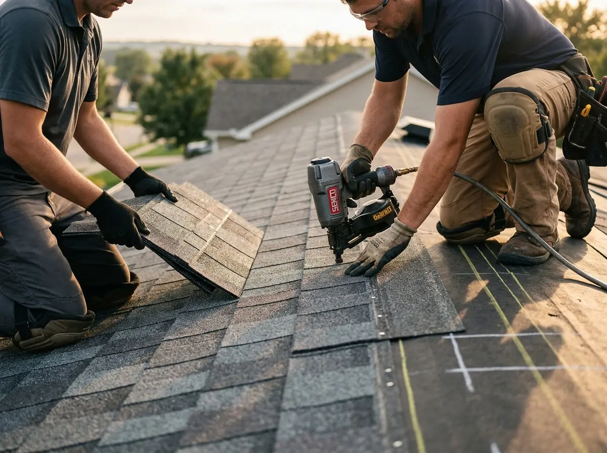 Professional roofer working on a residential roof in Yelm